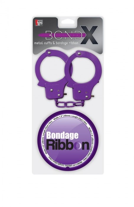 Набор для фиксации BONDX METAL CUFFS AND RIBBON: фиолетовые наручники из листового материала и липкая лента - Dream Toys - купить с доставкой в Екатеринбурге