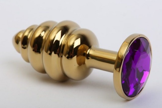 Золотистая рифлёная пробка с фиолетовым стразом - 8,2 см. - 4sexdreaM - купить с доставкой в Екатеринбурге