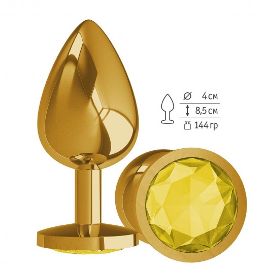 Золотистая большая анальная пробка с желтым кристаллом - 9,5 см. - Джага-Джага - купить с доставкой в Екатеринбурге