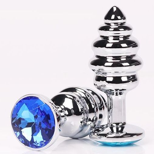 Серебристая фигурная анальная пробка с синим кристаллом - 8 см. - 4sexdreaM - купить с доставкой в Екатеринбурге