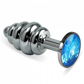 Серебристая фигурная анальная пробка с голубым кристаллом - 9 см. - 4sexdreaM - купить с доставкой в Екатеринбурге