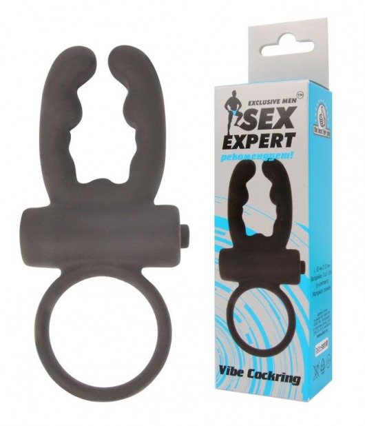 Чёрное эрекционное кольцо с вибрацией и рожками Sex Expert - Sex Expert - в Екатеринбурге купить с доставкой